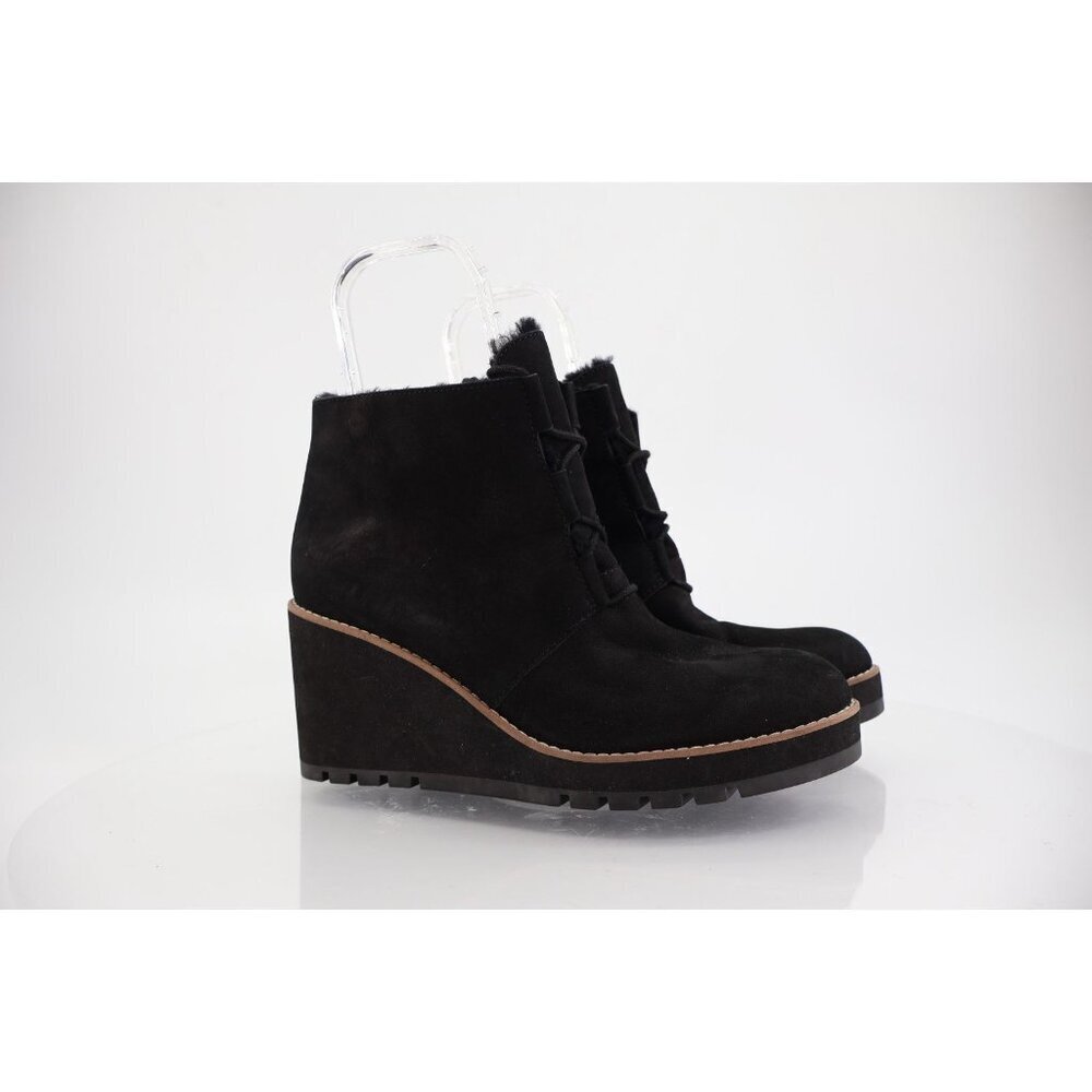 Eileen Fisher Alpine Women Boots US 11 Black Leather Wedge Heel Bootie Fur Trim